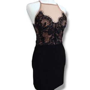 Topshop Petite Black Lace Dress Women's 4P Mini Cut Out Bodycon Stretch